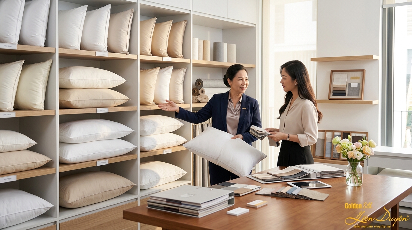 Chuyên gia GoldenSilk tư vấn chọn mẫu gối khách sạn tại showroom Hà Nội