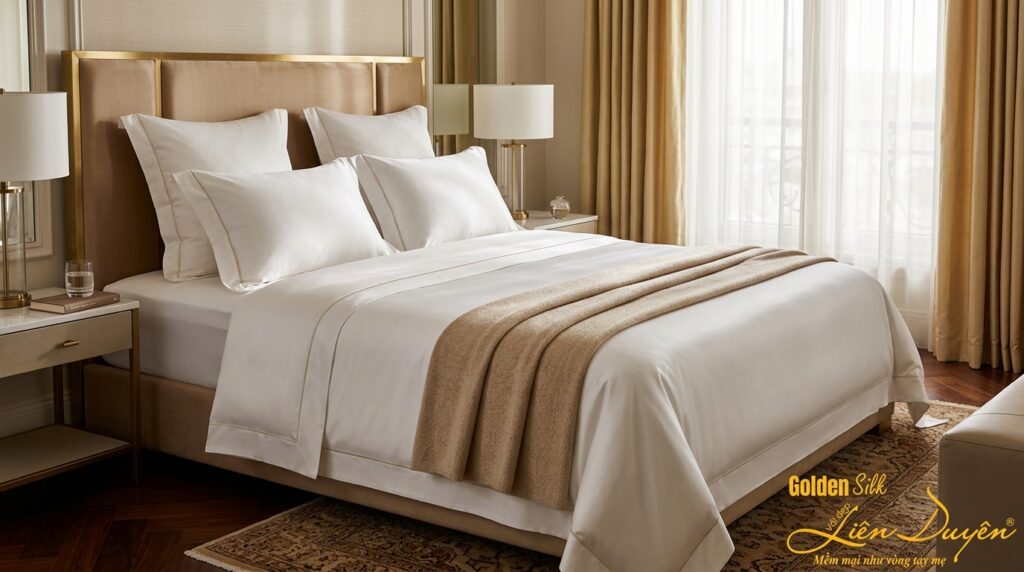 Đánh giá chăn ga gối đệm khách sạn GoldenSilk — phòng ngủ 5 sao với bộ linen trắng cao cấp