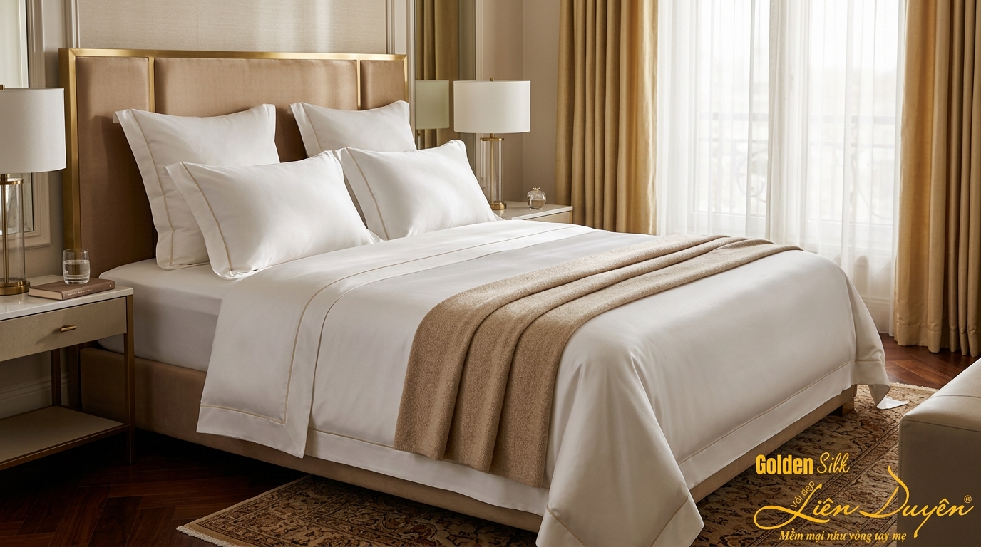 Phòng ngủ khách sạn 5 sao sử dụng chăn ga gối đệm GoldenSilk — ga trắng cotton TC 400