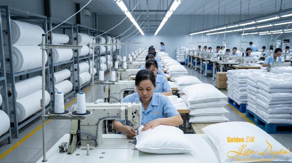 Xưởng sản xuất chăn ga gối đệm GoldenSilk — công nhân may vỏ gối khách sạn từ chất liệu vải nhập khẩu