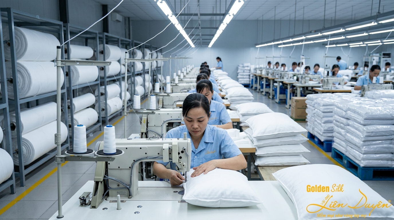 Xưởng sản xuất chăn ga gối đệm GoldenSilk với công nhân đang may vỏ gối khách sạn — đạt chuẩn Oeko-Tex