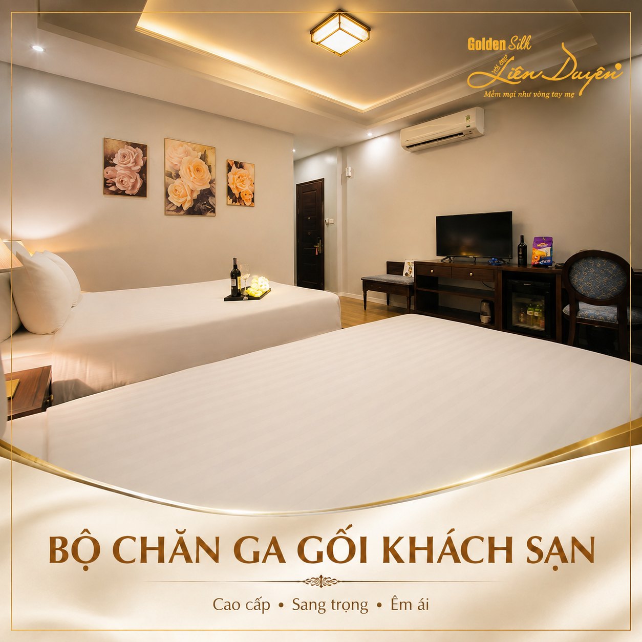 Bộ Chăn Ga Gối Khách Sạn T300 Trắng Trơn - GoldenSilk