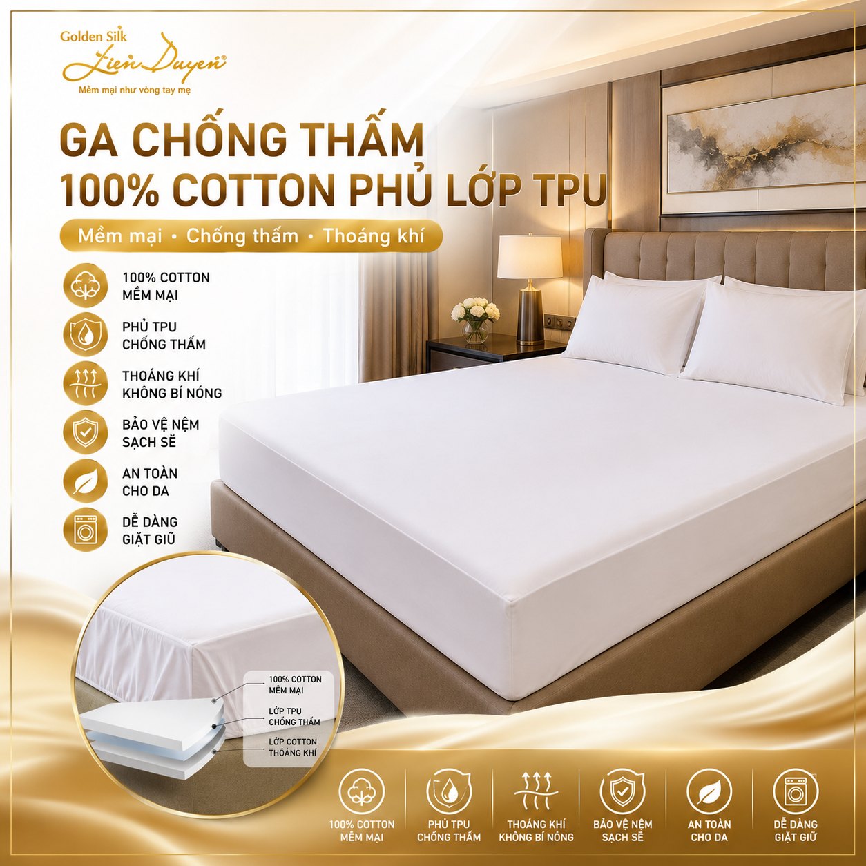 Ga chống thấm 100% cotton phủ lớp TPU - cách chọn ga giường khách sạn