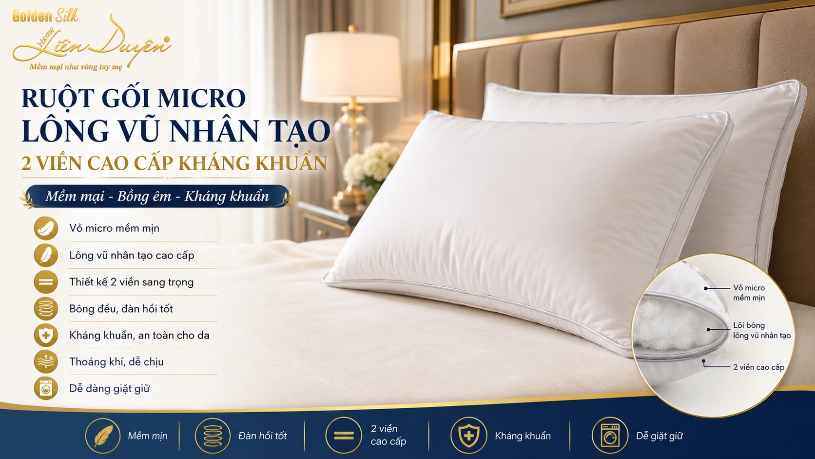 Ruột gối lông vũ nhân tạo 2 viền - Dòng cao cấp cho khách sạn 5 sao