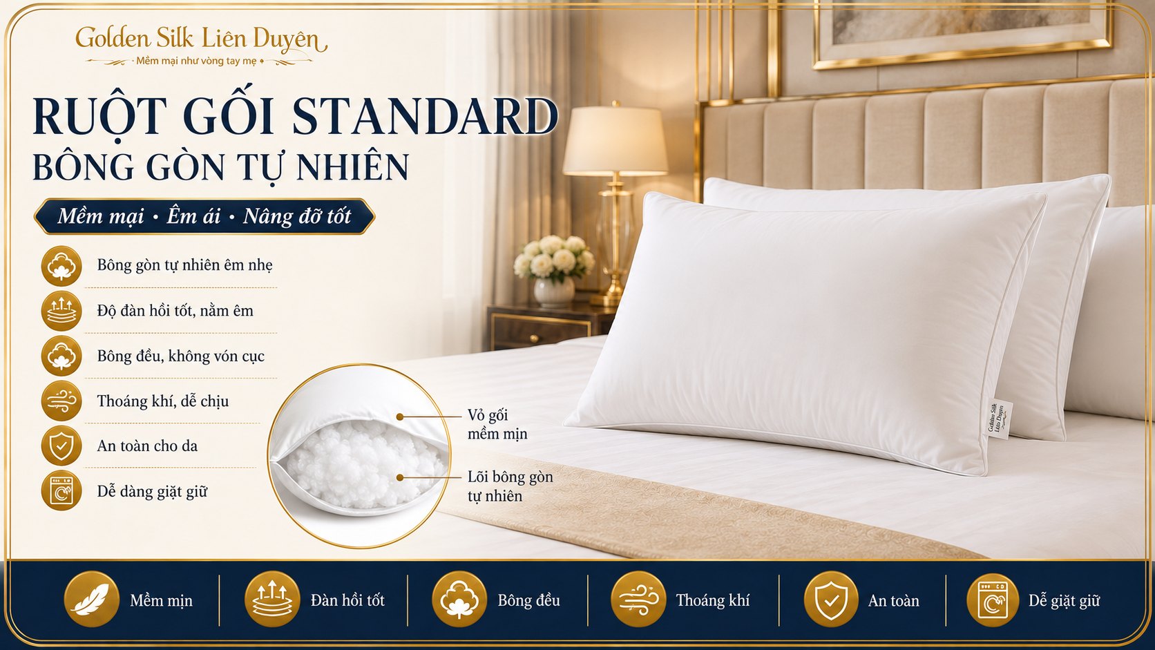Ruột gối khách sạn bông gòn tự nhiên - GoldenSilk