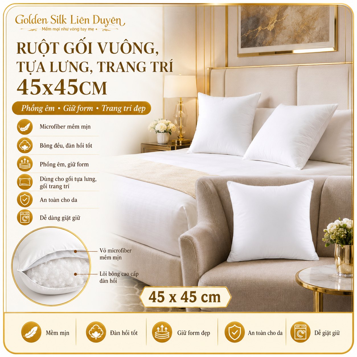 Ruột Gối Vuông, Tựa Lưng, Trang Trí 45x45cm - GoldenSilk
